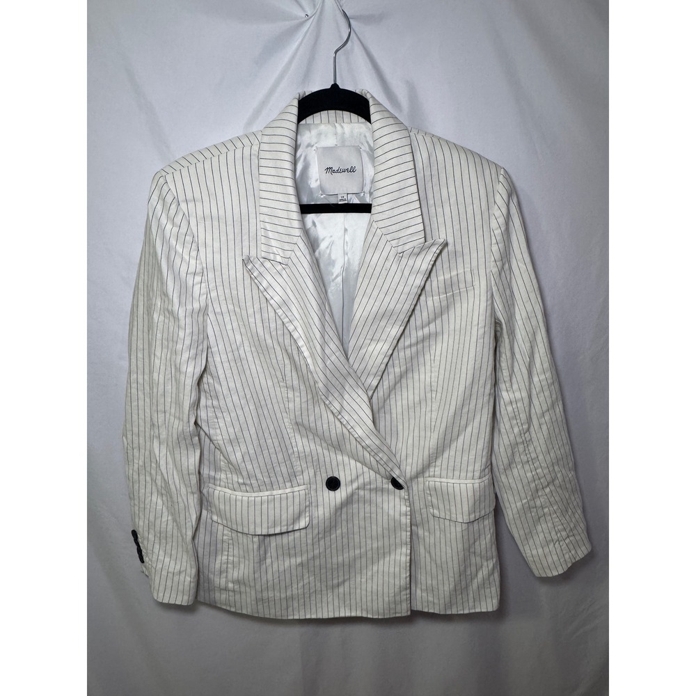 Madewell Double Breasted Blazer 10 White Navy Pinstripe Linen Tailored Preppy